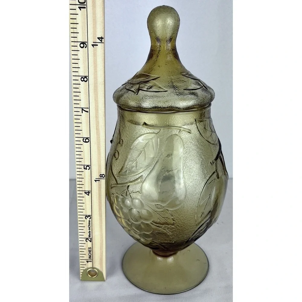 Vintage Mid Century Modern Amber Italian Empoli Fruit Motif Apothecary Jar W/Lid